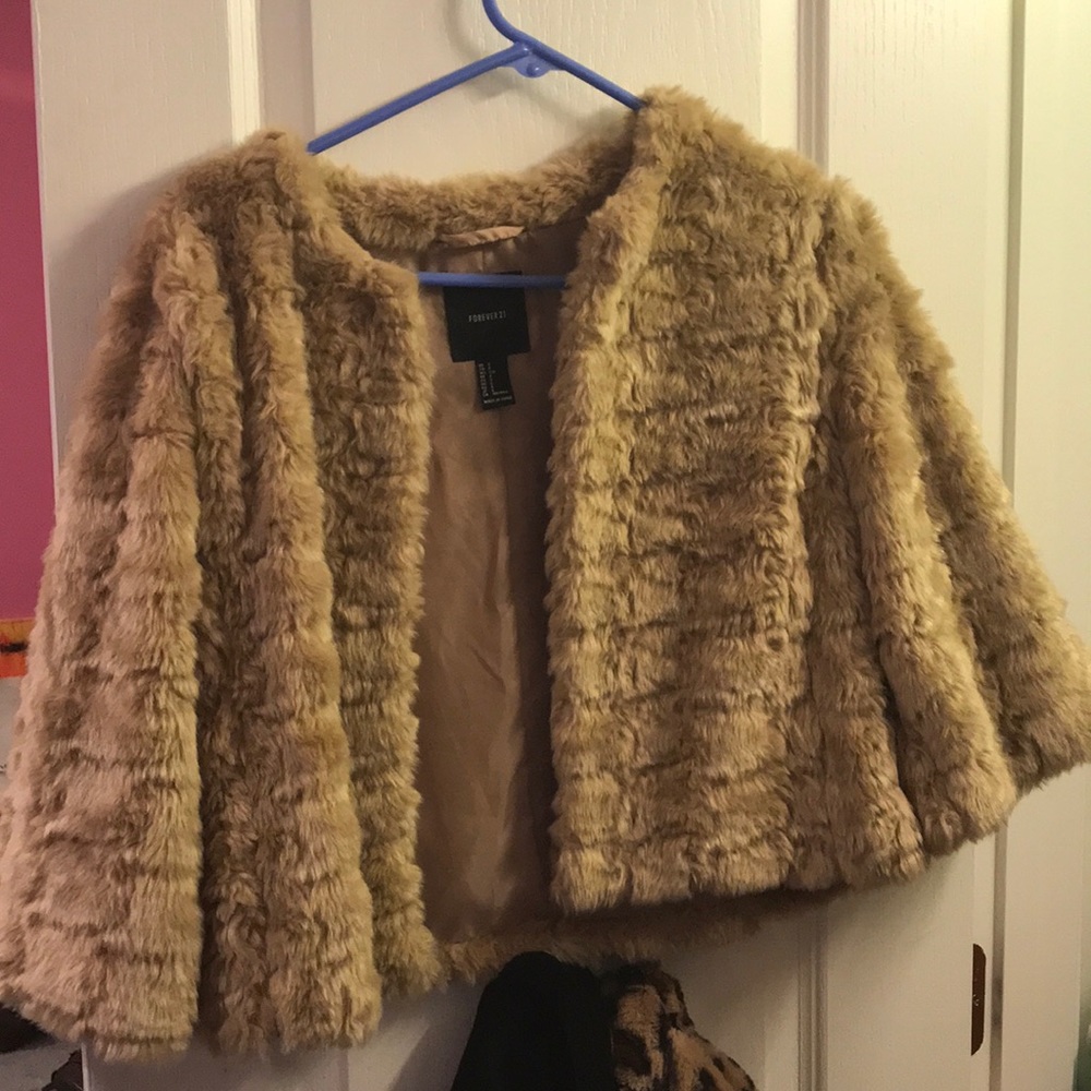 brown / cream fur cropped shaggy jacket coat